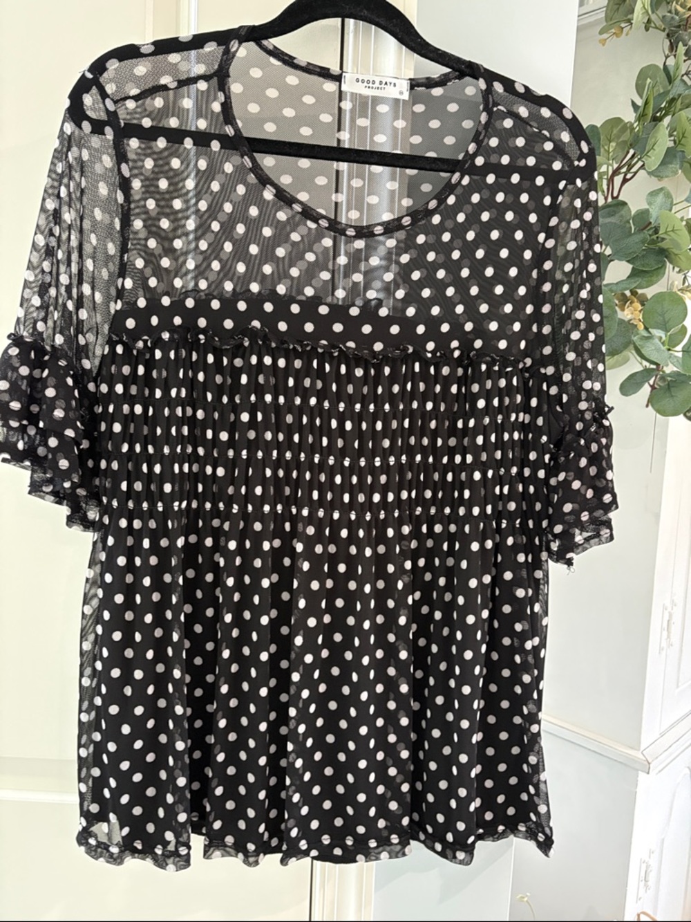 Black Polka Dot Sheer Smocked Women’s Top